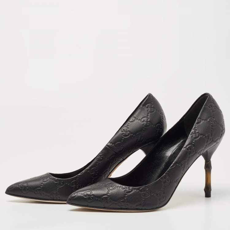 Pre Owned Gucci Black Guccissima Leather Kristen Bamboo Heel Pumps Size 37.5