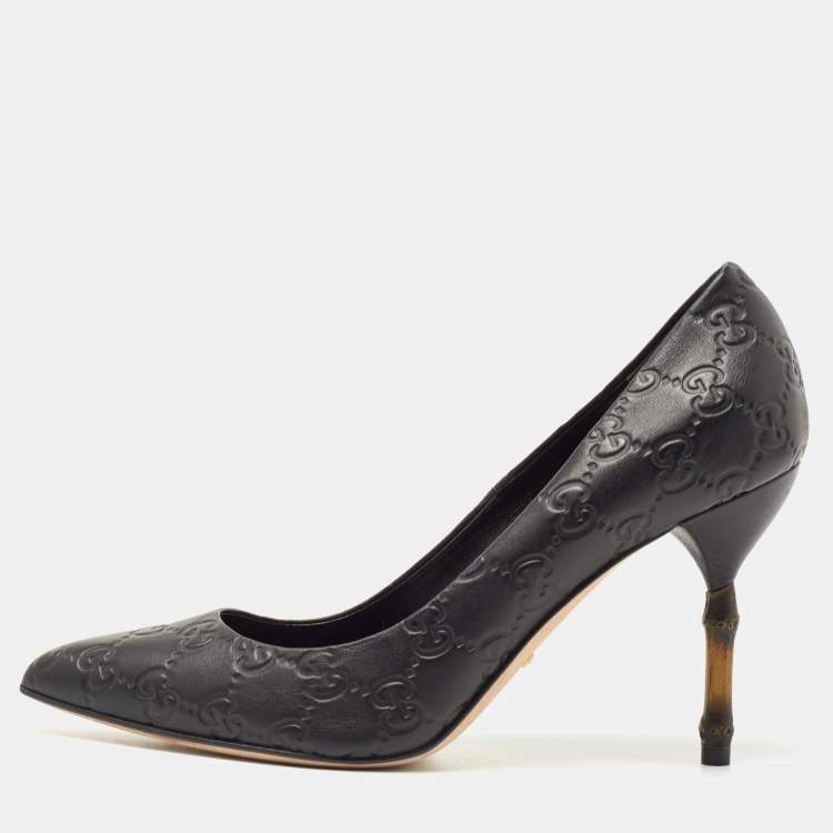Pre Owned Gucci Black Guccissima Leather Kristen Bamboo Heel Pumps Size 37.5