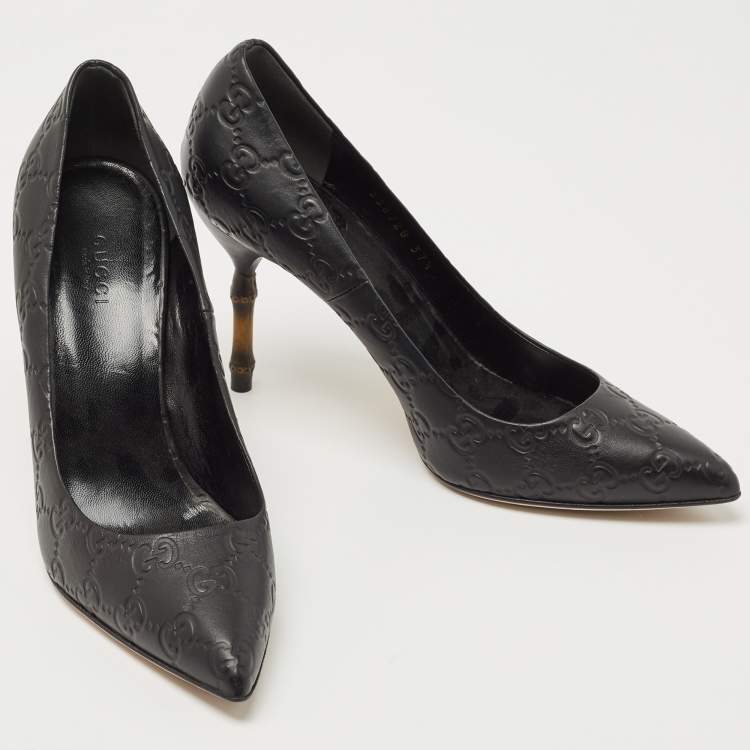 Pre Owned Gucci Black Guccissima Leather Kristen Bamboo Heel Pumps Size 37.5