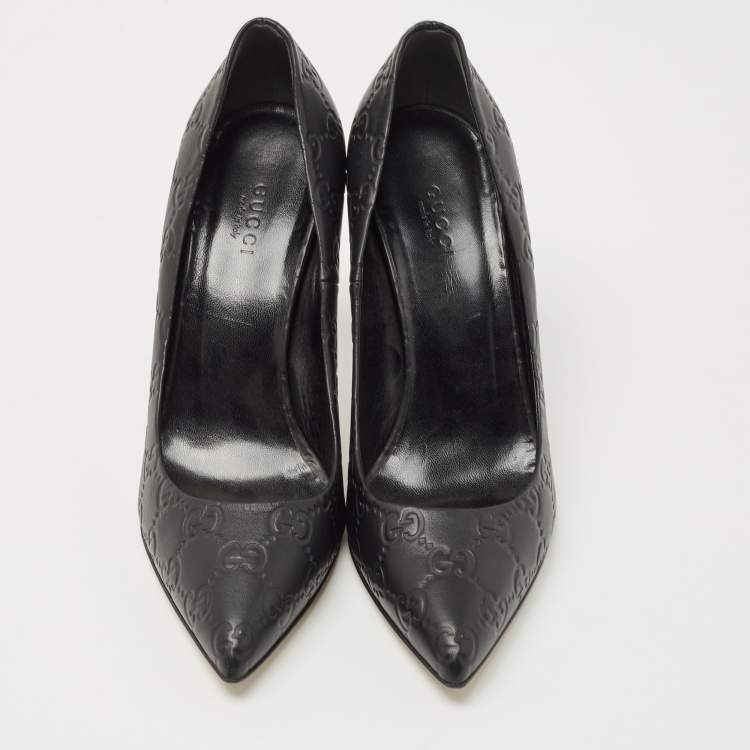 Pre Owned Gucci Black Guccissima Leather Kristen Bamboo Heel Pumps Size 37.5