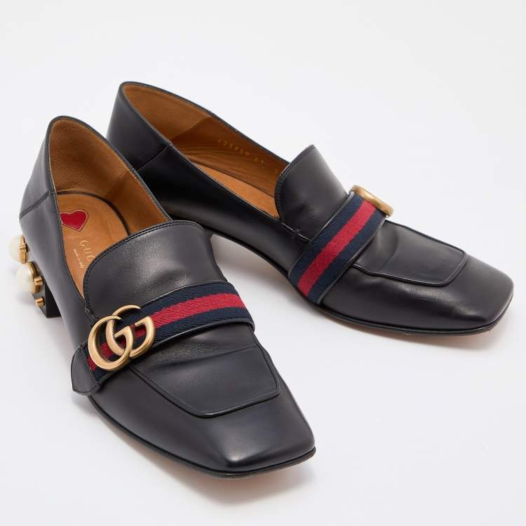 Pre Owned Gucci Black Leather Peyton GG Sylvie Pearl Studded Loafer Size 41