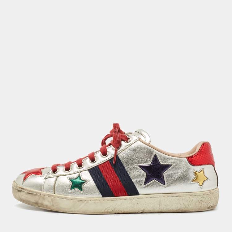Gucci Silver Leather and Snakeskin Ace Low Top Sneakers Size