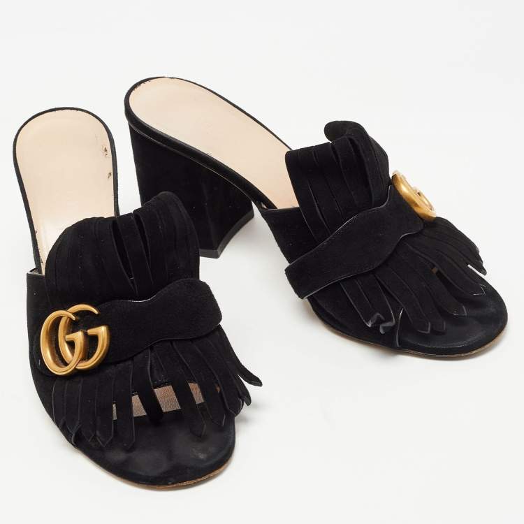 Pre Owned Gucci Black Suede Double G Slide Sandals Size 38