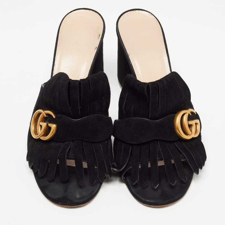 Pre Owned Gucci Black Suede Double G Slide Sandals Size 38
