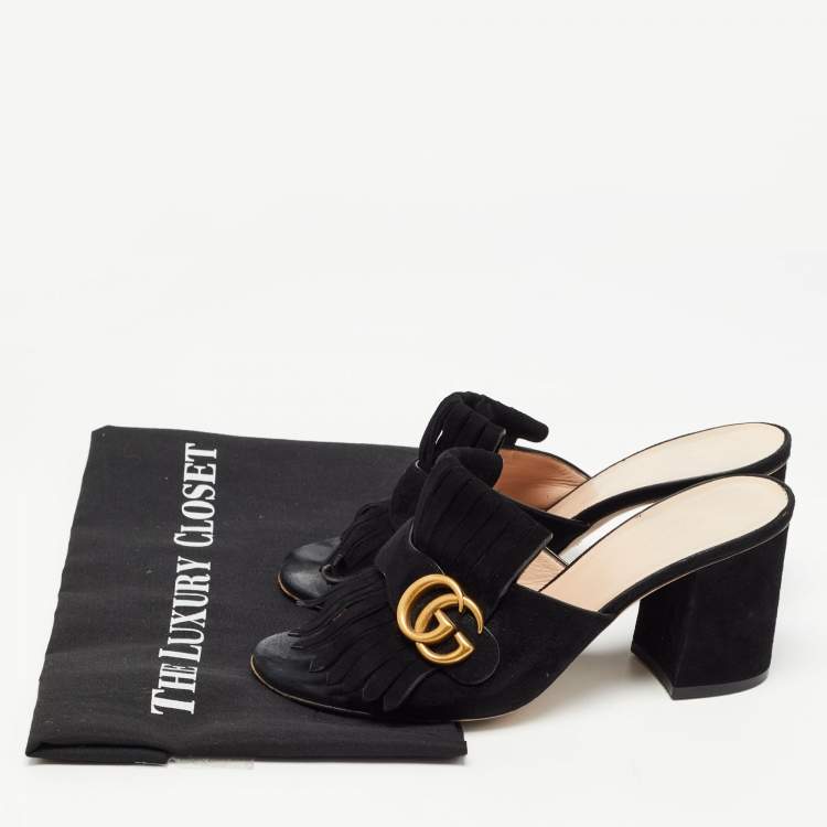 Pre Owned Gucci Black Suede Double G Slide Sandals Size 38