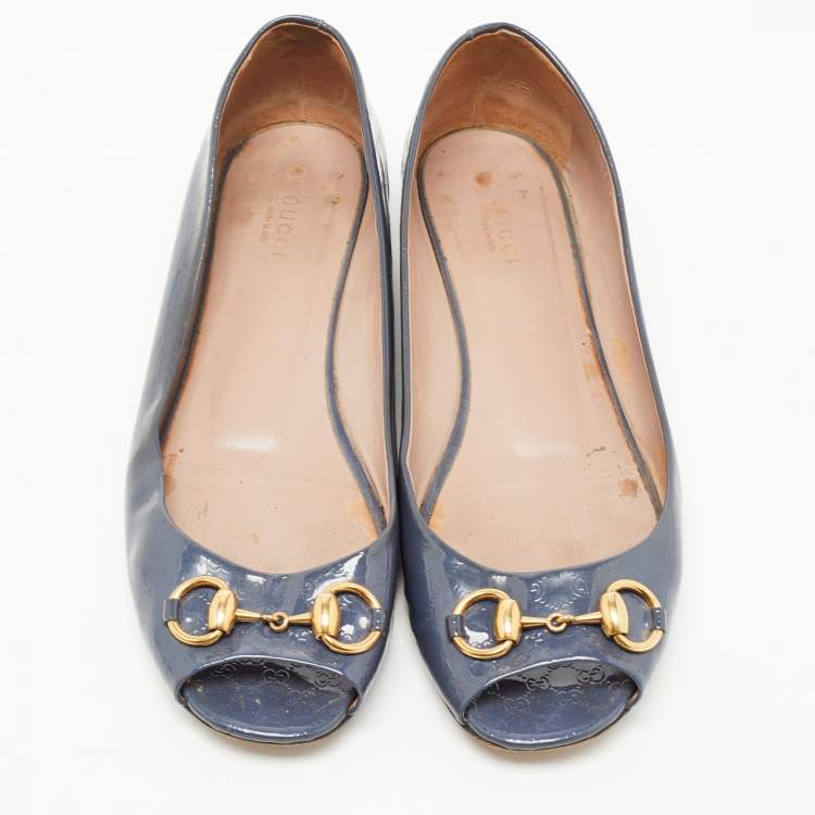 Pre Owned Gucci Grey Microguccissima Patent Leather Horsebit Peep Toe Ballet Flats Size 40