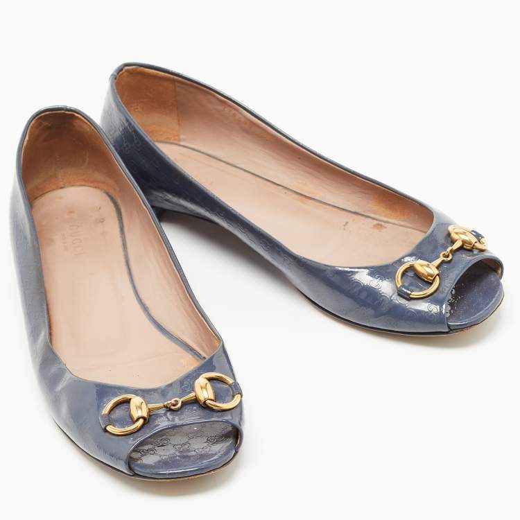 Pre Owned Gucci Grey Microguccissima Patent Leather Horsebit Peep Toe Ballet Flats Size 40