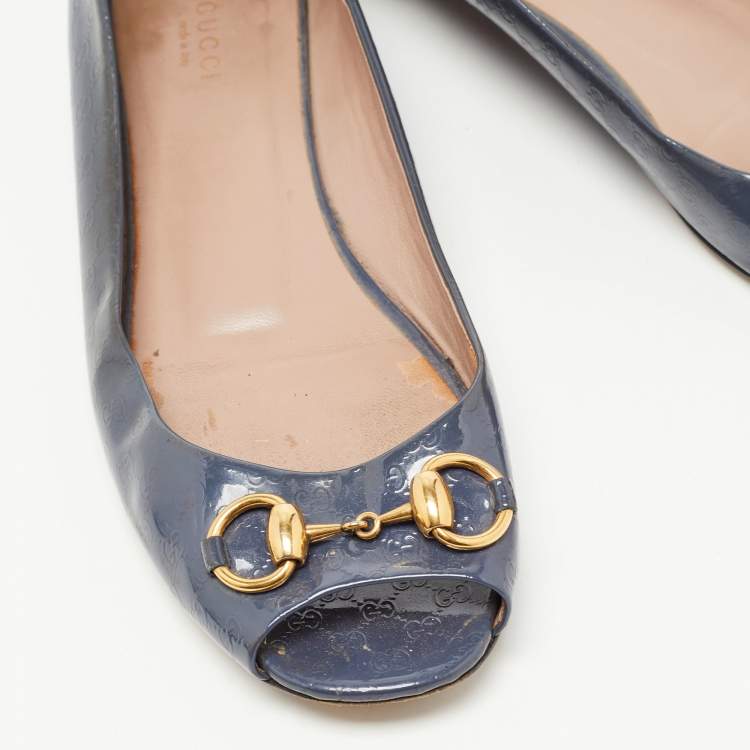 Pre Owned Gucci Grey Microguccissima Patent Leather Horsebit Peep Toe Ballet Flats Size 40