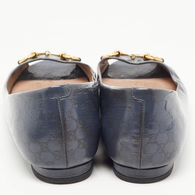 Pre Owned Gucci Grey Microguccissima Patent Leather Horsebit Peep Toe Ballet Flats Size 40