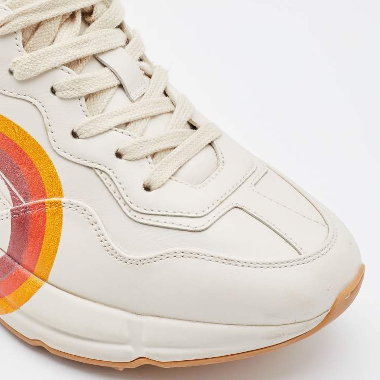 Pre Owned Gucci Beige Leather Rhyton GG Logo Low Top Sneakers Size 37.5