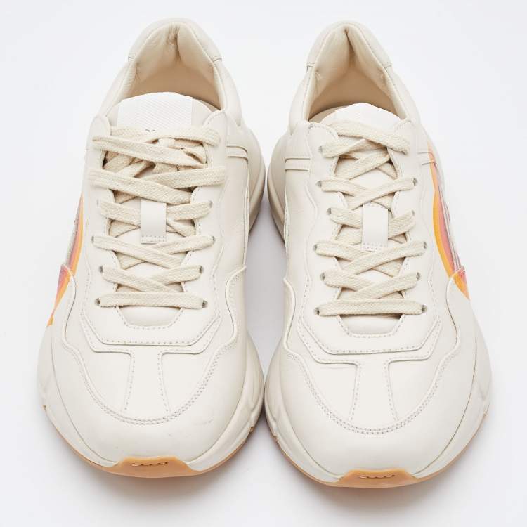 Pre Owned Gucci Beige Leather Rhyton GG Logo Low Top Sneakers Size 37.5