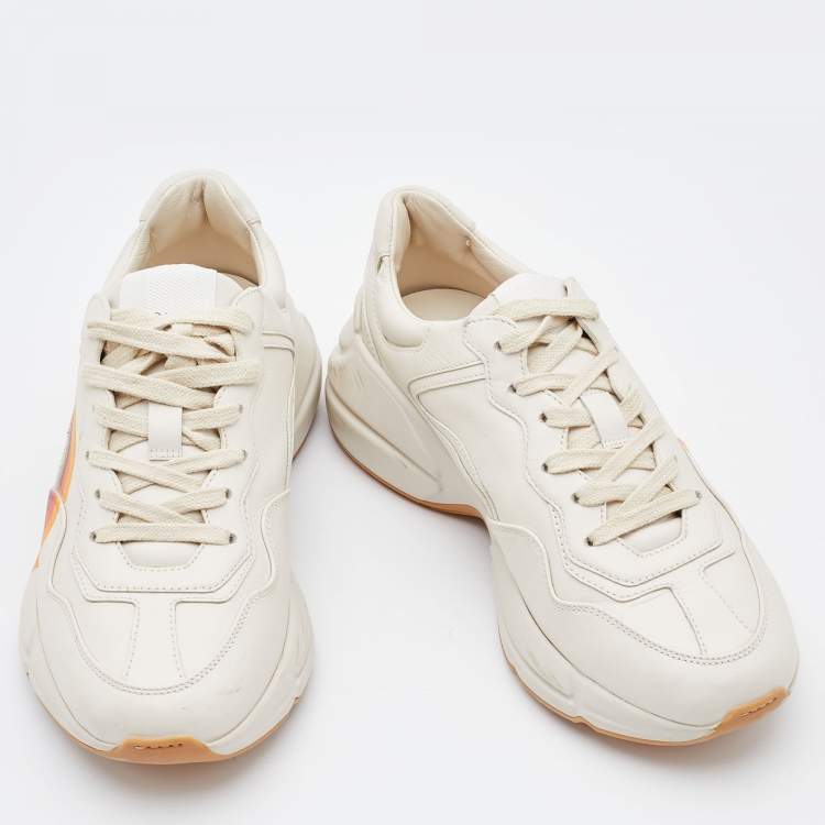Pre Owned Gucci Beige Leather Rhyton GG Logo Low Top Sneakers Size 37.5