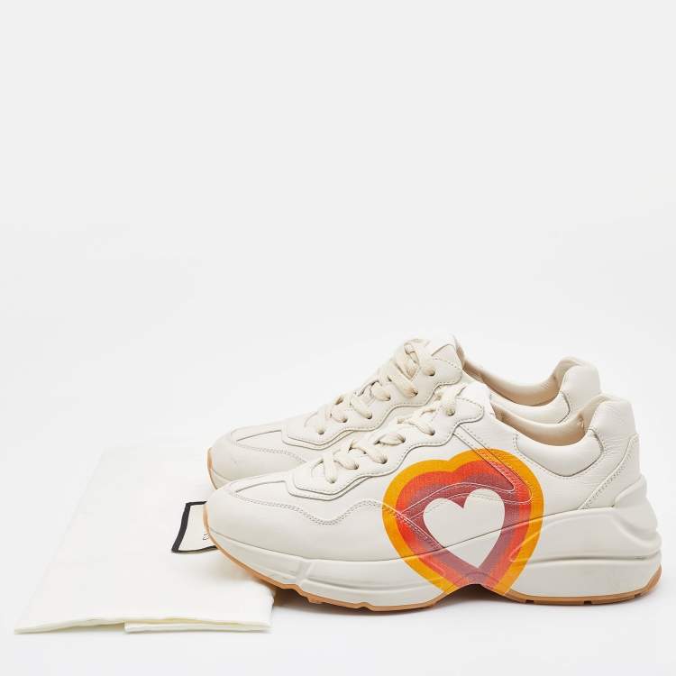 Pre Owned Gucci Beige Leather Rhyton GG Logo Low Top Sneakers Size 37.5