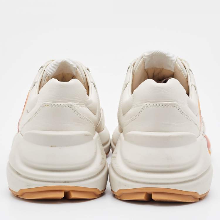 Pre Owned Gucci Beige Leather Rhyton GG Logo Low Top Sneakers Size 37.5