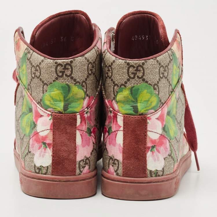 Pre Owned Gucci Beige/Pink Bloom GG Supreme Canvas and Suede High Top Sneakers Size 36