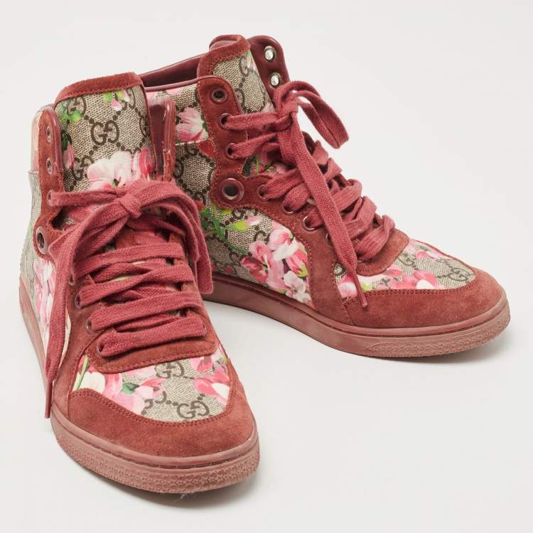 Pre Owned Gucci Beige/Pink Bloom GG Supreme Canvas and Suede High Top Sneakers Size 36