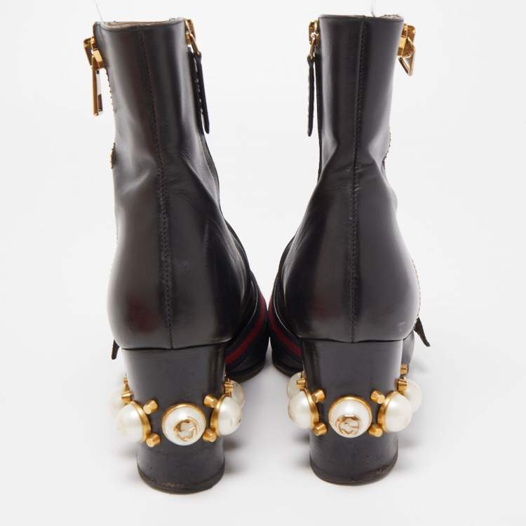 Pre Owned Gucci Black Leather GG Pearl Embellished Ankle Boots Size 37