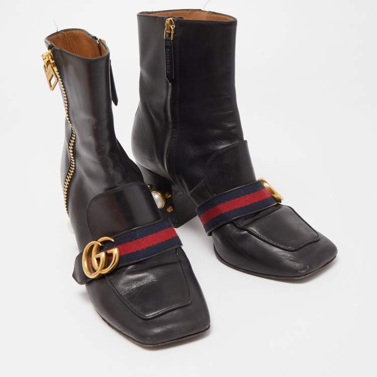 Pre Owned Gucci Black Leather GG Pearl Embellished Ankle Boots Size 37