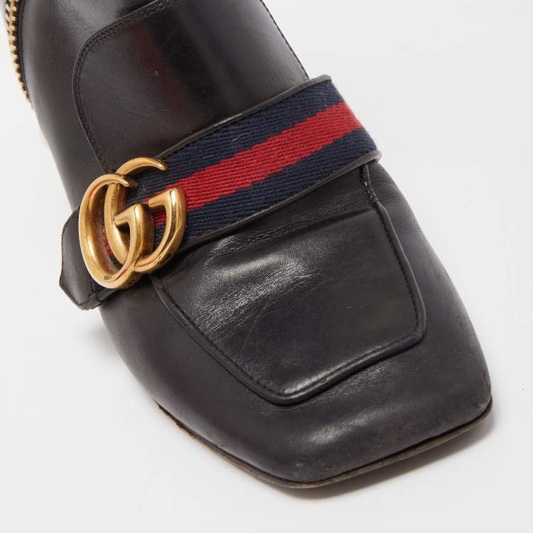 Pre Owned Gucci Black Leather GG Pearl Embellished Ankle Boots Size 37