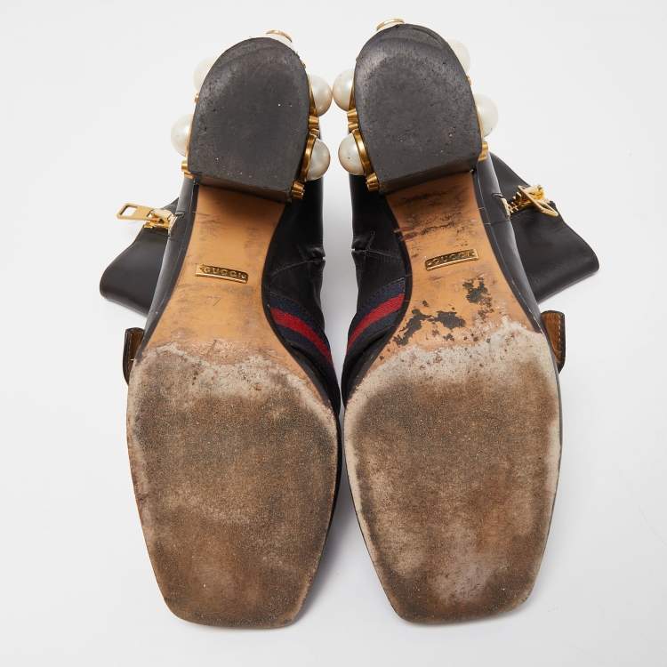 Pre Owned Gucci Black Leather GG Pearl Embellished Ankle Boots Size 37