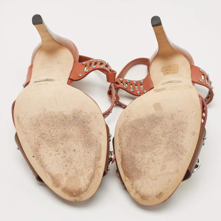 Pre Owned Gucci Multicolor Leather Lika Stone Embellished Sandals Size 38.5
