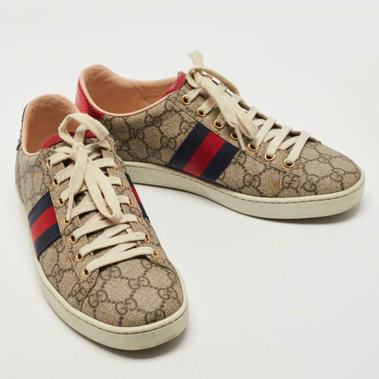 Pre Owned Gucci Beige/Brown GG Supreme Canvas Ace Web Low Top Sneakers Size 37