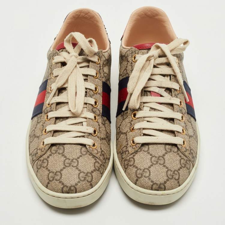 Pre Owned Gucci Beige/Brown GG Supreme Canvas Ace Web Low Top Sneakers Size 37