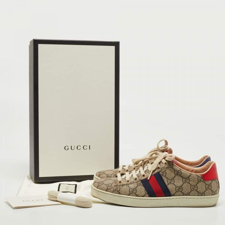 Pre Owned Gucci Beige/Brown GG Supreme Canvas Ace Web Low Top Sneakers Size 37