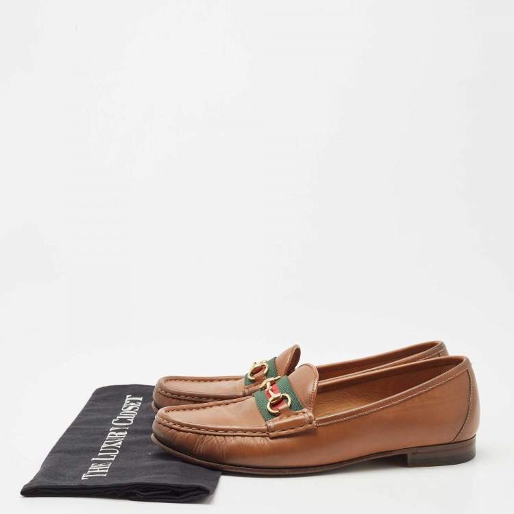 Pre Owned Gucci Brown Leather Web Horsebit Loafers Size 38.5