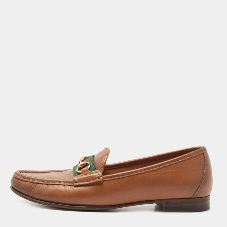 Pre Owned Gucci Brown Leather Web Horsebit Loafers Size 38.5