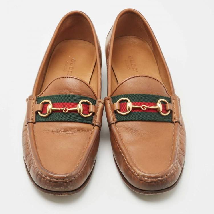 Pre Owned Gucci Brown Leather Web Horsebit Loafers Size 38.5