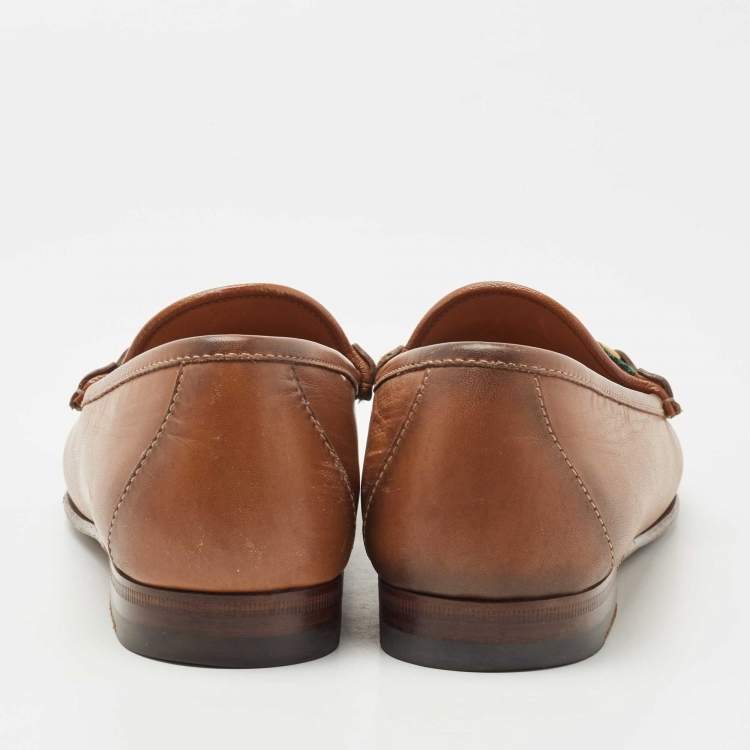 Pre Owned Gucci Brown Leather Web Horsebit Loafers Size 38.5
