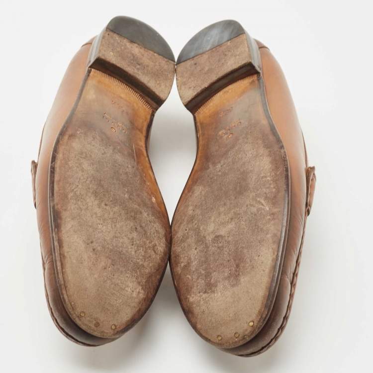 Pre Owned Gucci Brown Leather Web Horsebit Loafers Size 38.5