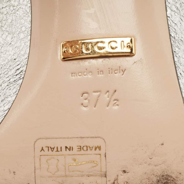 Pre Owned Gucci Metallic Silver Foil Leather GG Marmont Fringe Detail Block Heel Pumps Size 37.5
