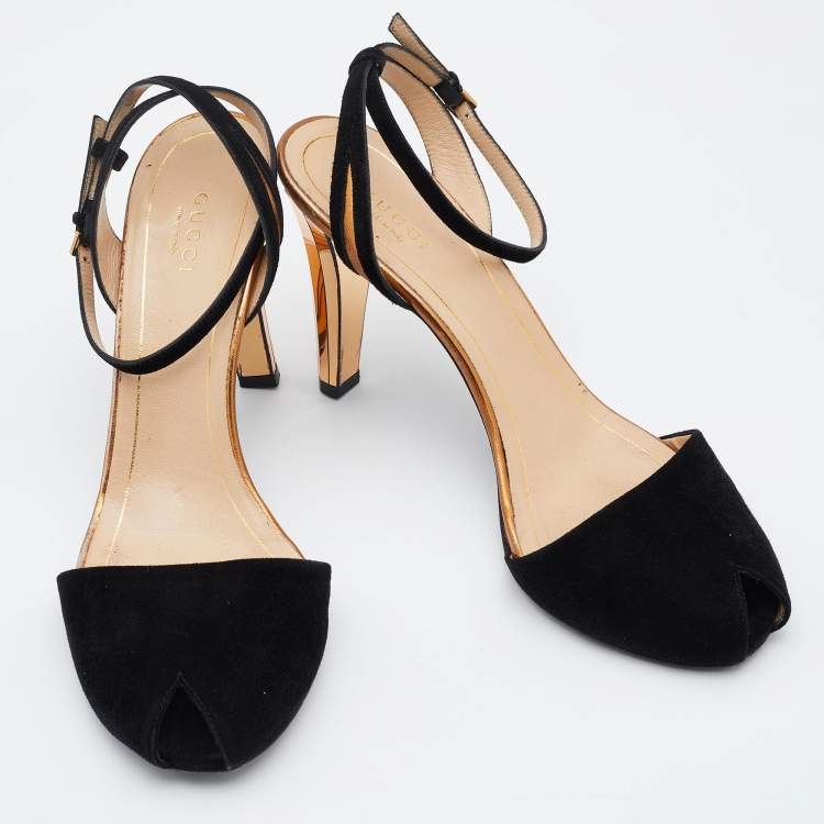 Pre Owned Gucci Black Suede Ankle Strap Peep Toe Sandals Size 37.5