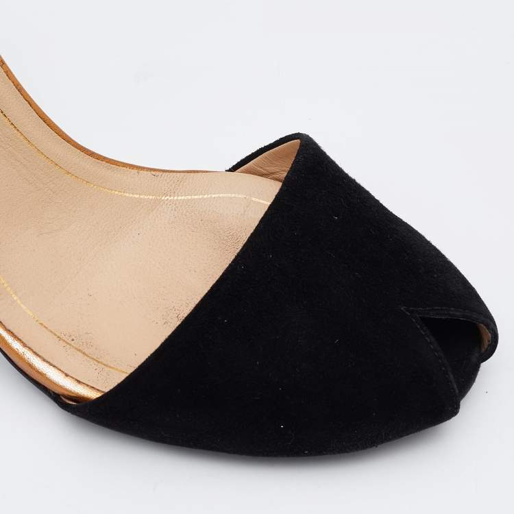 Pre Owned Gucci Black Suede Ankle Strap Peep Toe Sandals Size 37.5