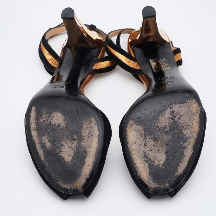 Pre Owned Gucci Black Suede Ankle Strap Peep Toe Sandals Size 37.5