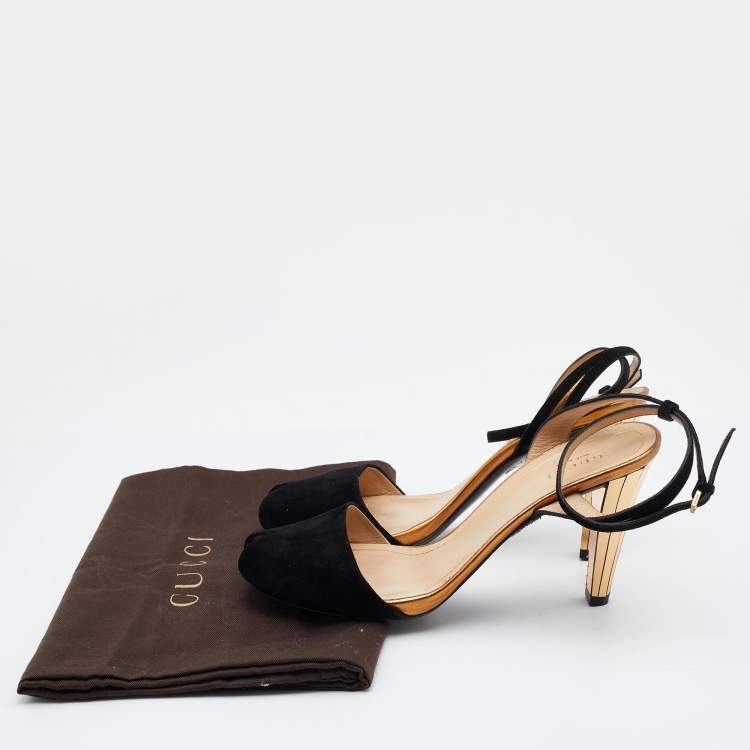Pre Owned Gucci Black Suede Ankle Strap Peep Toe Sandals Size 37.5