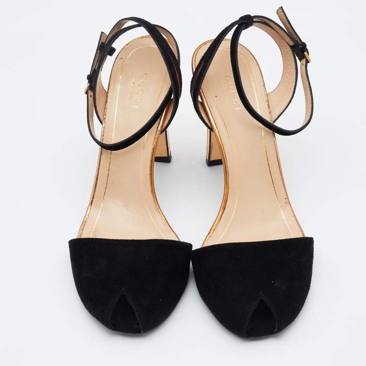 Pre Owned Gucci Black Suede Ankle Strap Peep Toe Sandals Size 37.5