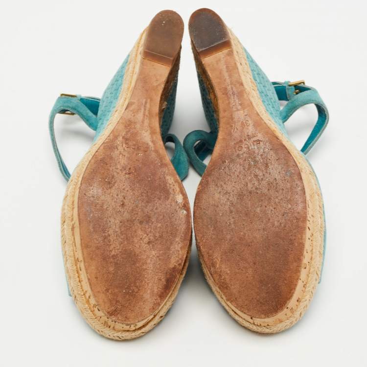 Pre Owned Gucci Aqua Blue Micro Guccissima Leather and Cork Wedge Sandals Size 39.5