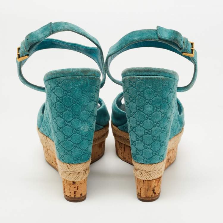 Pre Owned Gucci Aqua Blue Micro Guccissima Leather and Cork Wedge Sandals Size 39.5