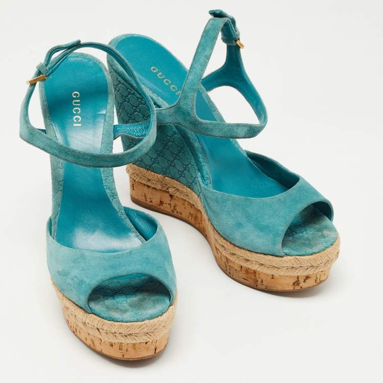 Pre Owned Gucci Aqua Blue Micro Guccissima Leather and Cork Wedge Sandals Size 39.5