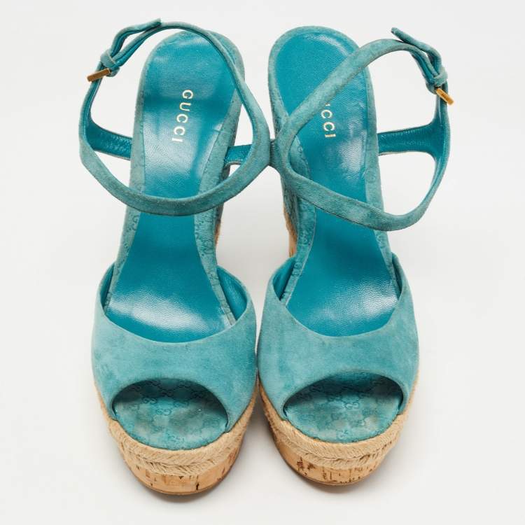 Pre Owned Gucci Aqua Blue Micro Guccissima Leather and Cork Wedge Sandals Size 39.5