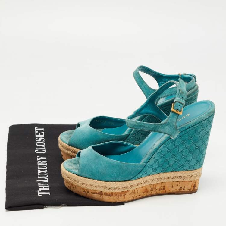 Pre Owned Gucci Aqua Blue Micro Guccissima Leather and Cork Wedge Sandals Size 39.5