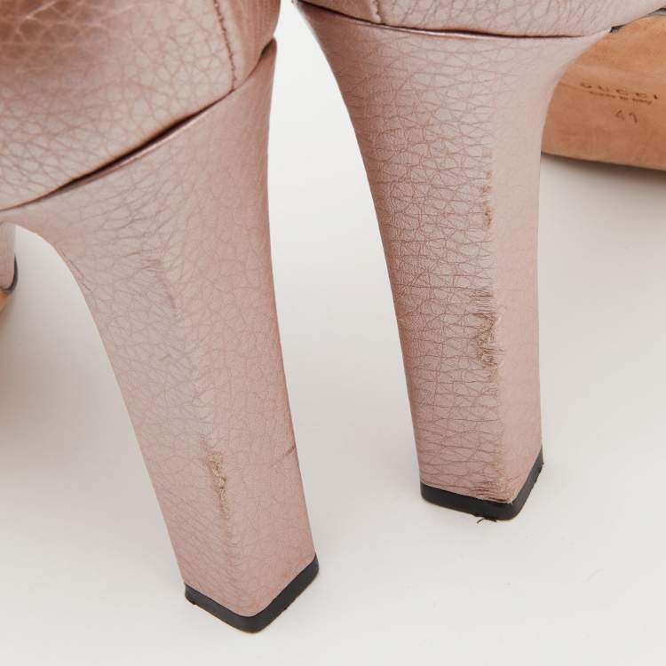 Pre Owned Gucci Metallic Pink Leather Horsebit Peep Toe Platform Pumps Size 41