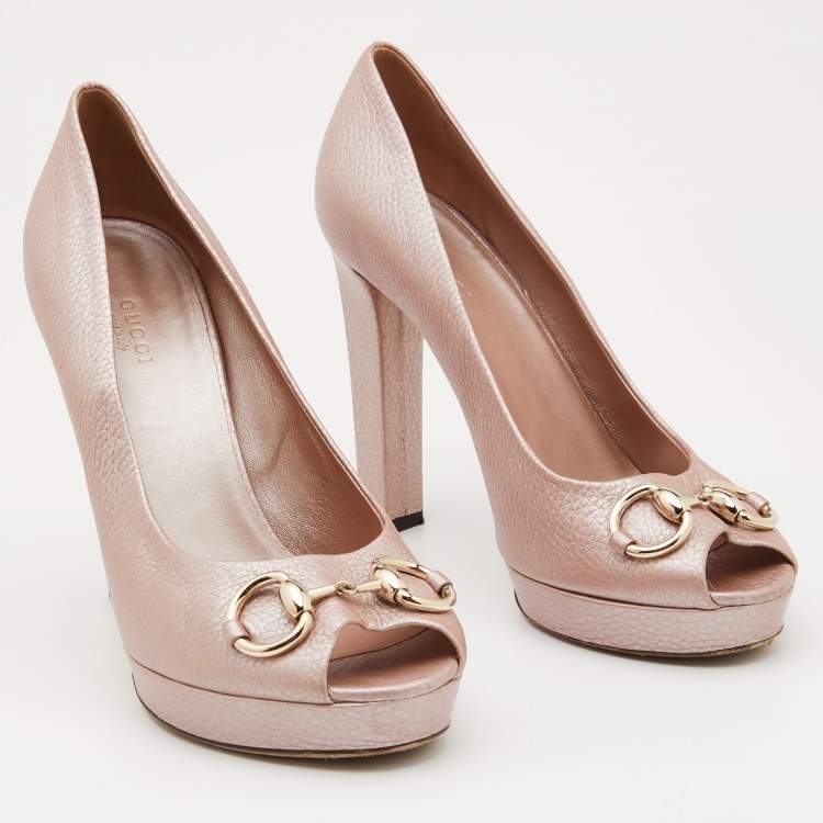 Pre Owned Gucci Metallic Pink Leather Horsebit Peep Toe Platform Pumps Size 41
