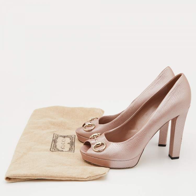 Pre Owned Gucci Metallic Pink Leather Horsebit Peep Toe Platform Pumps Size 41