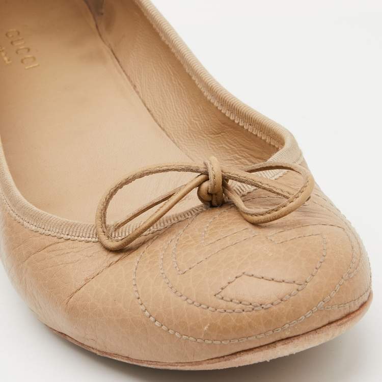 Pre Owned Gucci Beige Leather Interlocking G Ballet Flats Size 38