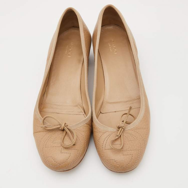 Pre Owned Gucci Beige Leather Interlocking G Ballet Flats Size 38