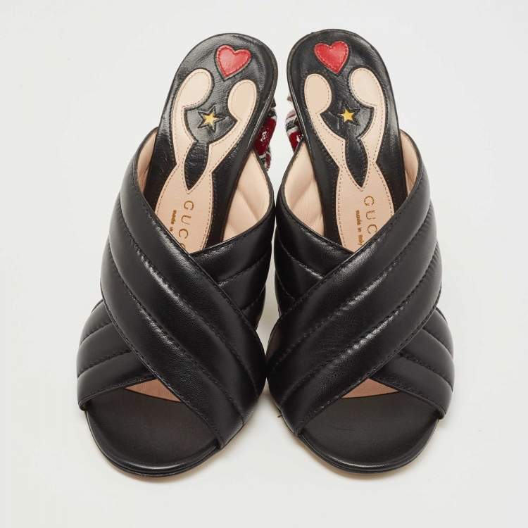 Pre Owned Gucci Black Leather Webby Slide Sandals Size 38.5